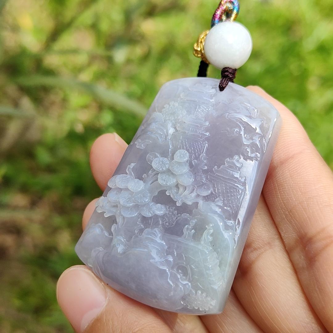 Lavender with green patches Crafted with People, Moutains, Trees, bridge, water, good for boosting personal fengshui Natural Type A Jadeite Pendant Necklace with certificate weigh 42.92 grams, 51.5 * 36.2 * 11.5 mm