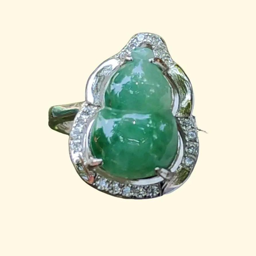 Good Quality Spicy Green Natural Type A Jadeite Jade crafted with shape of Gourd set on S925 as adjustable Ring, certificate weighs  2.52 grams, measurement 12.2 * 8.8 * 3.2 mm (s925ring14)