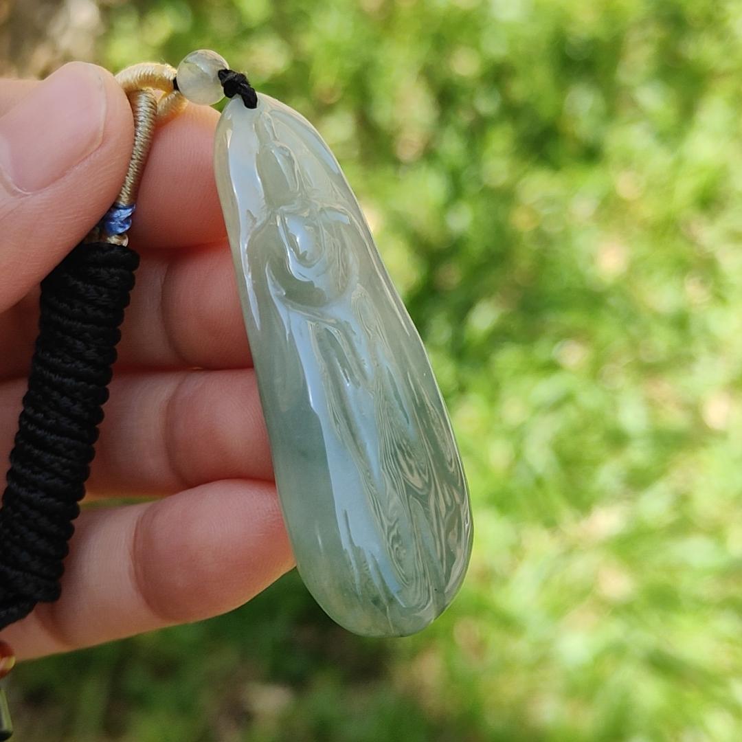 Light Green Natural Type A Jadeite Jade Pendant Necklace crafted with faceless Guanyin with QIC labs approved certificate weigh 11.82 grams, measurement 52 * 17.7 * 5.7 mm (pendant175)