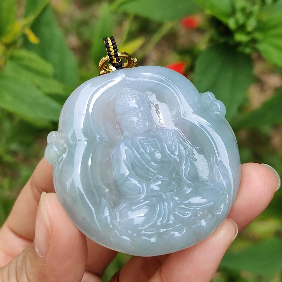 Semi Icy Bluish Green Hue Natural Type A Jadeite Pendant Crafted as Buddha with certificate included weigh 26.65 grams, 48.3 * 48.9 * 7 mm, suitable for daily wear