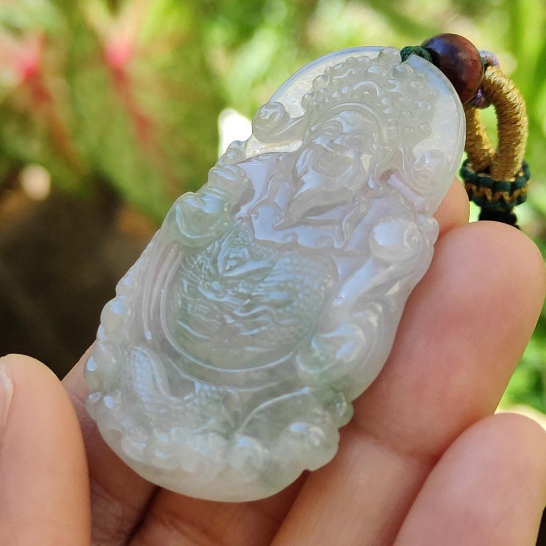 High Quality Icy Translucent Light Green Natural Type A Jadeite Jade crafted with Fortune God as Pendant, certificate weighs 16.37 grams, measurement 50.8 * 29.2 * 6 mm (pendant265)