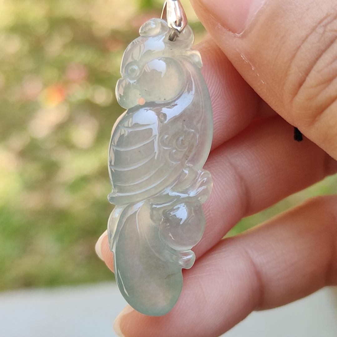 Premium Old Pit Rare Green Hue Icy Translucent Natural Type A Jadeite Jade crafted with Parrot as Pendant for the collectors, certificate weigh 6.25 grams, measurement 41.6 * 15.2 * 6.5 mm (pendant213)