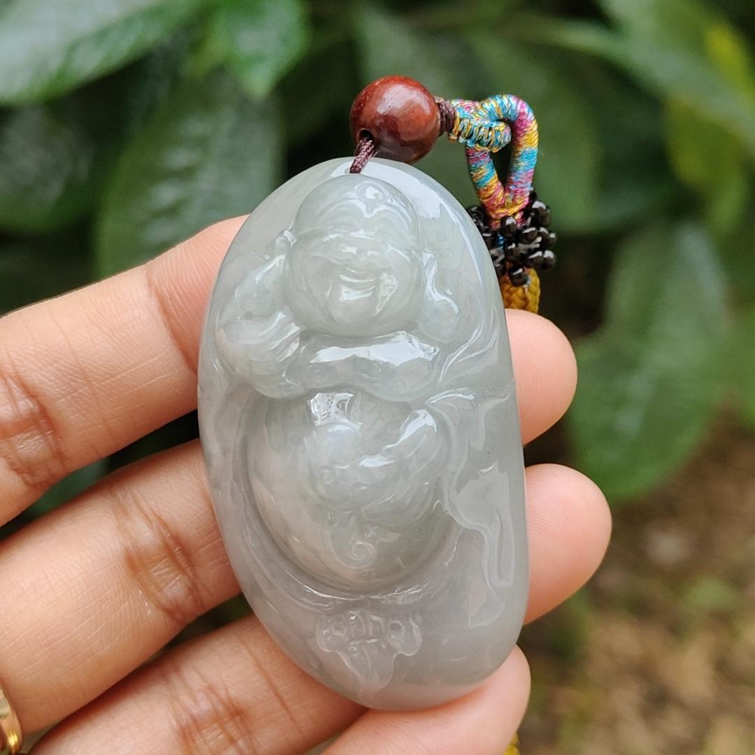 High Quality Light Green Hue Natural Type A Jadeite Jade crafted as Milo Buddha for Pendant, certificate weighs 44.34 grams, measurement 52.6 * 29.6 * 17.5 mm (pendant289)