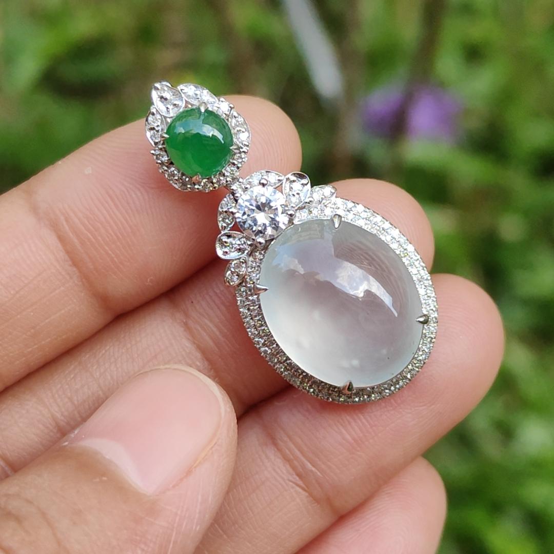 18k Gold Pendant Setting with 1 green cabochon and small diamonds with 1 CZ, Old Mine Natural Type A Jadeite with NGI Gemstone report weight 4.94 grams , 15.66 * 12.60 * 6.00 mm which is Highly Translucent Icy and very fine grain crystal aggregate (18kp8)