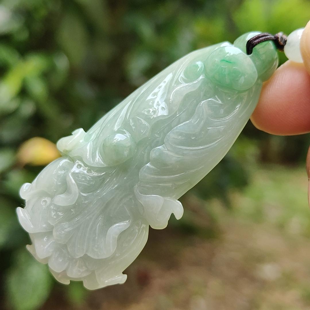 Good Quality Light Green Natural Type A Jadeite Jade crafted as Cabbage symbols of Lucks with Money as Pendant, certificate weighs 36.65 grams, measurement 62.5 * 28.6 * 13.1 mm (pendant267)