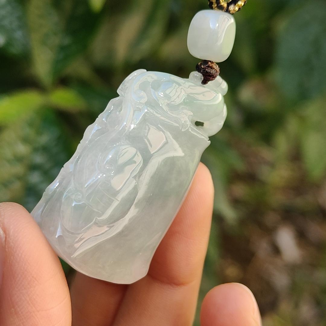 Crafted as Bamboo with Pixiu on it, Light Green patches Natural Type A Jadeite Jade Pendant Necklace with certificate weigh 24.54 grams, measurement 41.3 * 24.6 * 11.7 mm (pendant177)