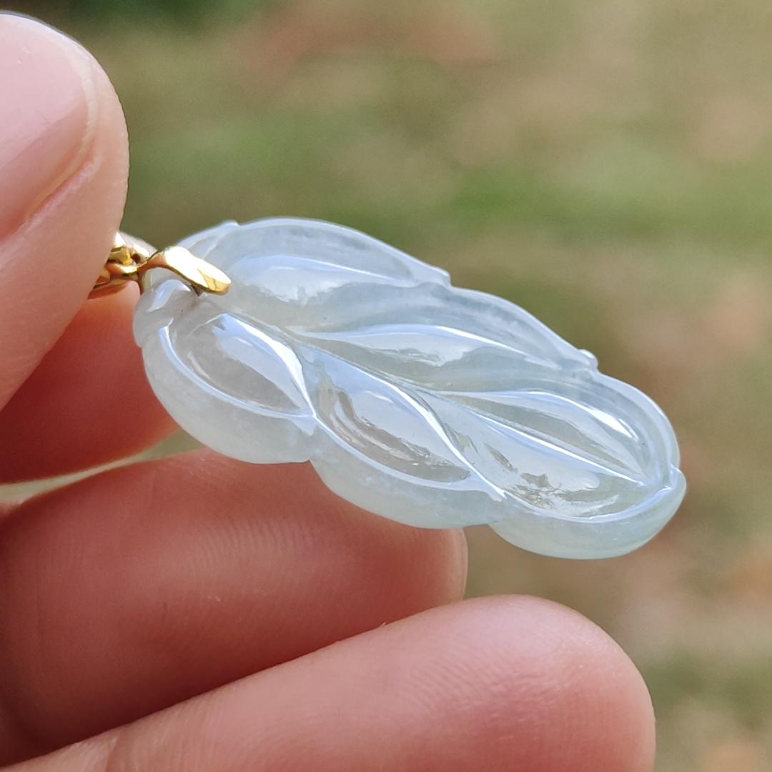 High Quality Icy Light Green Hue Natural Type A Jadeite Jade crafted as Leaf with 18k Gold Clasp, certificate weigh 3.85 grams, measurement 27.2 * 14.9 * 4.8 mm (18kp35)