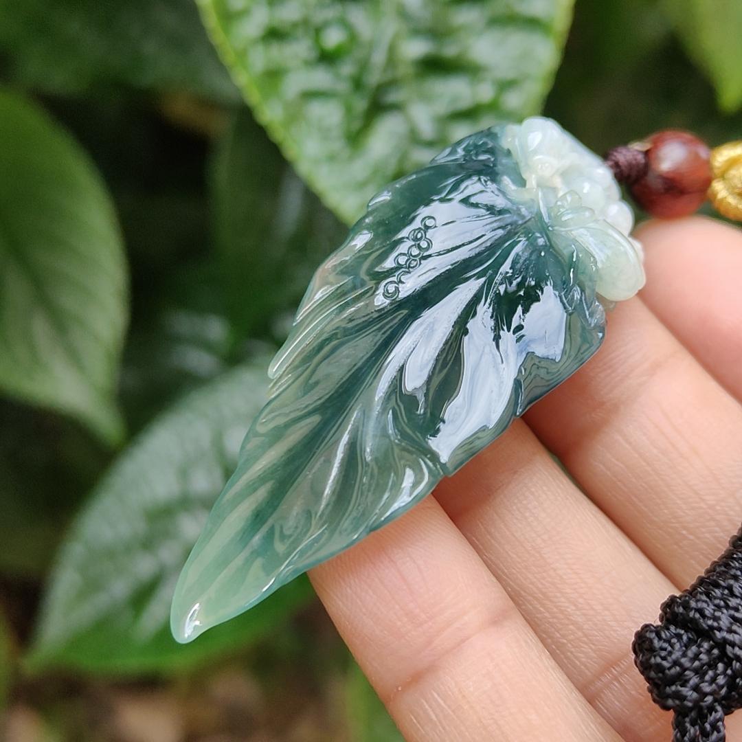 Bluish Dark Green Premium Quality Natural Type A Jadeite Pendant Necklace crafted as leaf with certificate weigh 12.98 grams, 57.7 * 24 * 8 mm, symbols of Great success and rising step by step, career is going smoothly (pendant164)