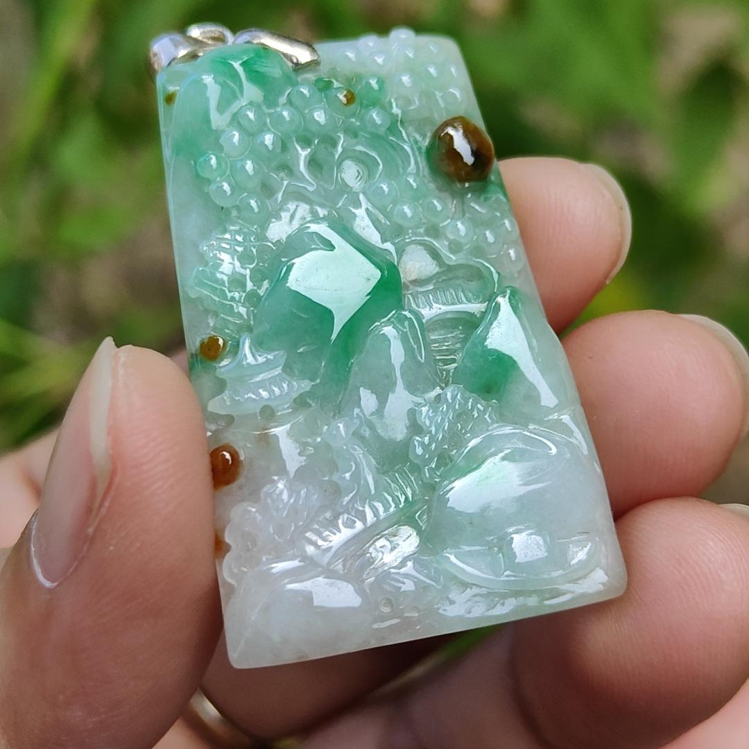 Good Quality Very Beautiful Light Green, Brown Natural Type A Jadeite Jade crafted with sceneries as Pendant, certificate weighs 9.72 grams, measurement 40 * 24.8 * 4.6 mm (pendant288)