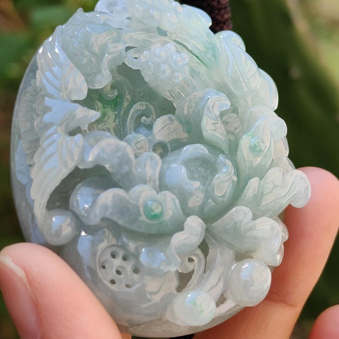 Green with Bluish Green Hue Natural Type A Jadeite Pendant Necklace crafted with Bird and flowers, symbols of Auspiciousness, blessing, Nature and vitality, certificate included weigh 69.39 grams, 55.2 * 45.8 * 15.8 mm, suitable for collection (pendant49)