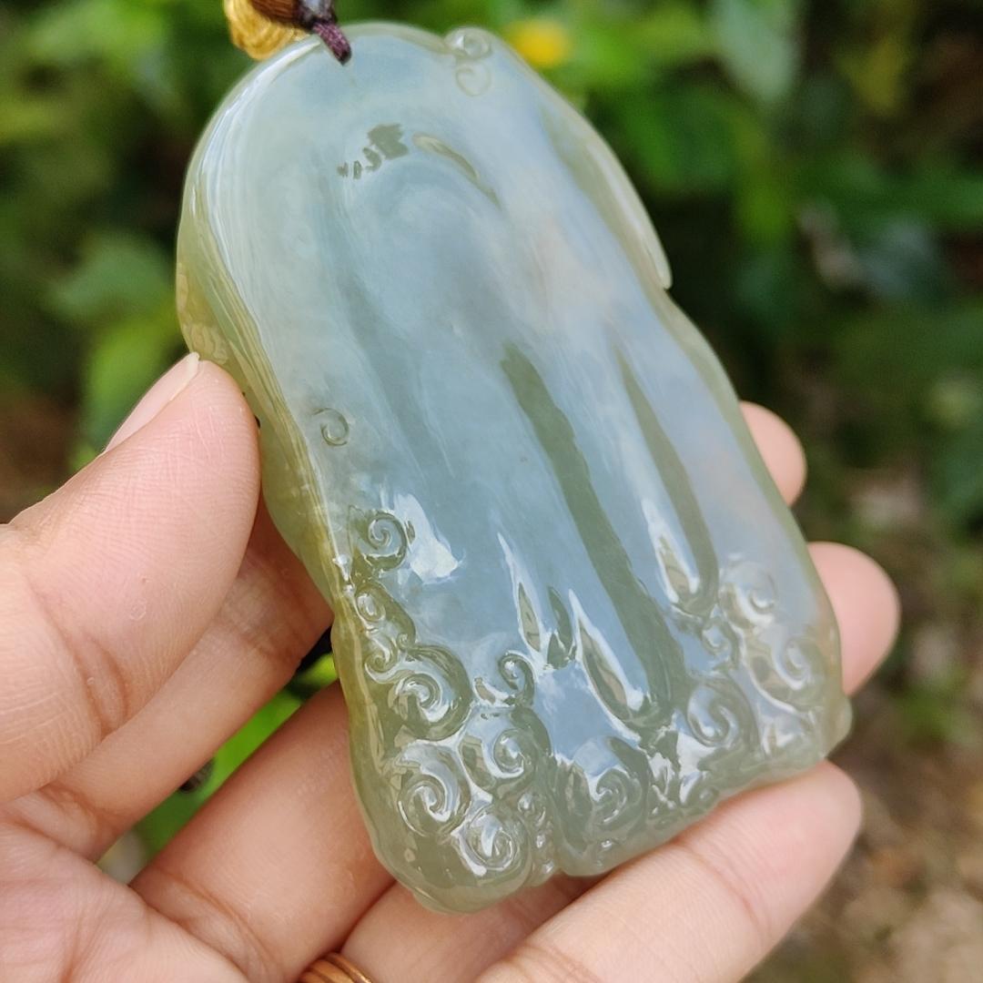 King of the inferno Special Premium Natural Type A Jadeite with Light Green and Yellow come with certificate weight 76.35 grams, 69.50 * 44.30 * 12 mm, very fine translucent rare jadeite pendant for collection (pendant98)