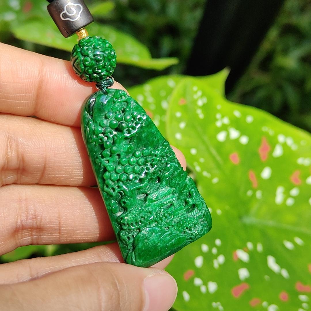 Dark Green Natural Type A Jadeite carved with scenery pendant with NGI Gemstone report weight 19.21 grams , 43.10 * 25.36 * 7.50 mm , Semi Translucent to opaque fine grain crystal aggregate - Good for daily wear pendant (pendant152)