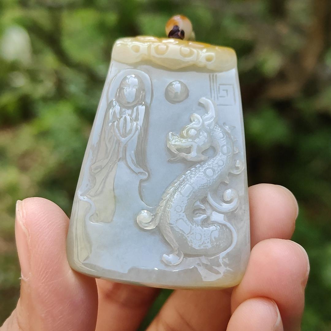 Rare Yellow and white Glutinous Natural Type A Jadeite Pendant Necklace crafted with faceless buddha and dragon olc school style with certificate weigh 37.61 grams, 51 * 33.2 * 10 mm (pendant101)