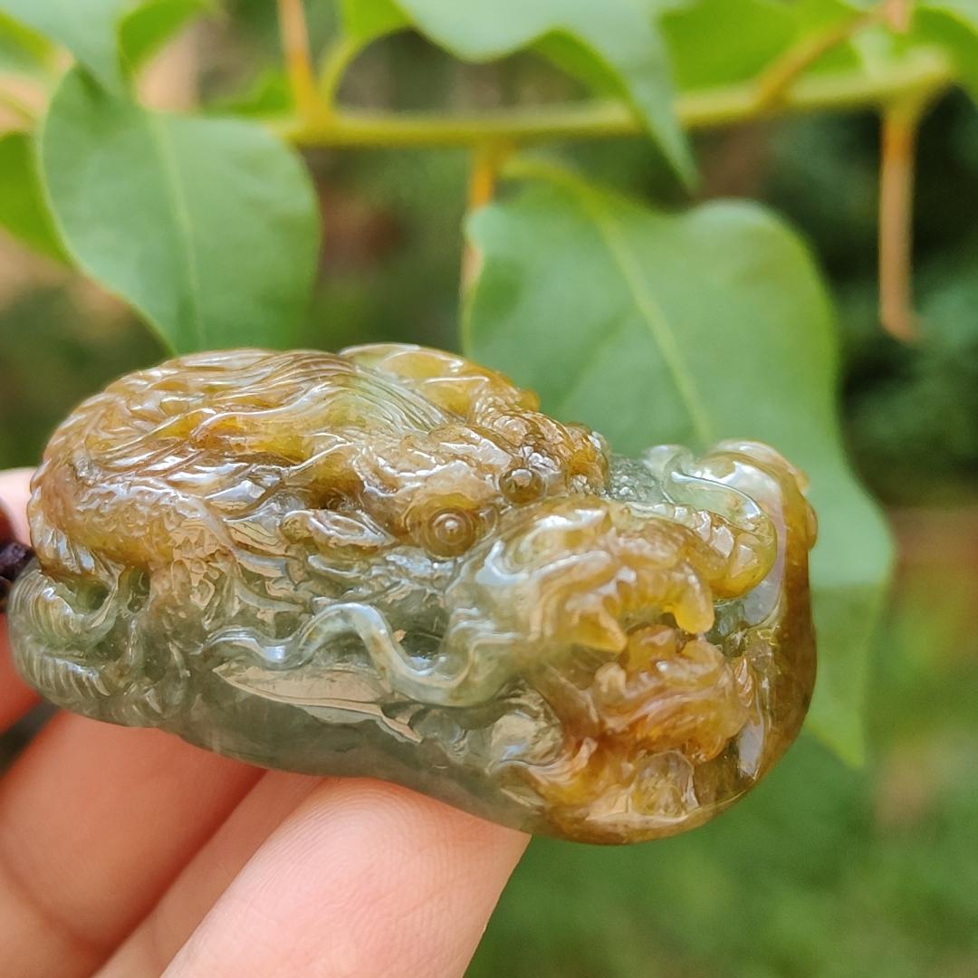 Green and Brown Two Colours Natural Type A Jadeite Pendant carved as Dragon with certificate weighs 33.15 grams, 41.8 * 26.5 * 16.5 mm, meaning Power and dignity, spirit of courage and perseverance, Prosperity and wealth (pendant88)