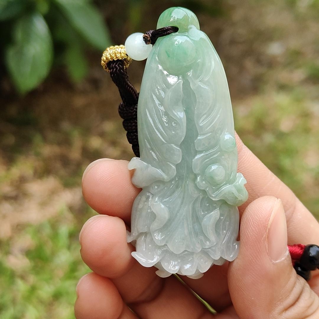 Good Quality Light Green Natural Type A Jadeite Jade crafted as Cabbage symbols of Lucks with Money as Pendant, certificate weighs 36.65 grams, measurement 62.5 * 28.6 * 13.1 mm (pendant267)