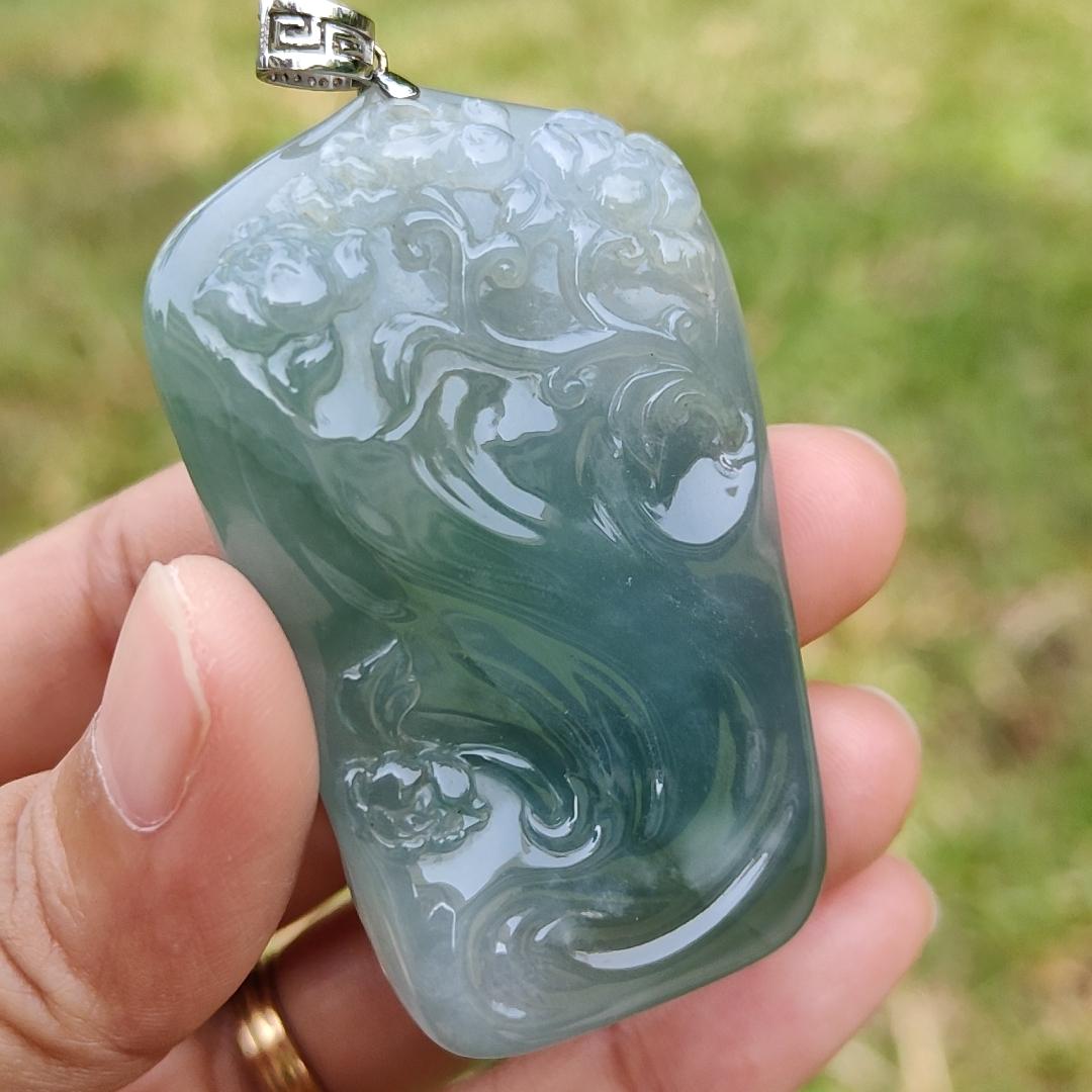 Premium Quality Semi Icy Light Green Natural Type A Jadeite Jade crafted with Guanyin as pendant, certificate included weigh 45.05 grams, measurement 56 * 35.6 * 11.8 mm (18kp24)