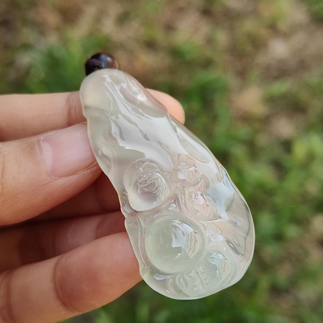 Highly Translucent Premium Icy Natural Type A Jadeite Pendant Necklace crafted as Milo Buddha with certificate, weigh 14.78 grams, 55 * 24.50 * 6.60 mm, symbols of Wealth, luck, prosperity, optimism, and hope, suitable for collections (pendant55)