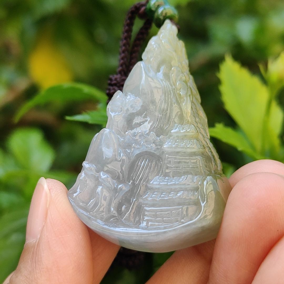 Very Unique and Rare Light Purple with Yellow Natural Type A Jadeite Pendant Crafted with waterfall, moutain, houses and coconut trees, symbols of money, power of life, Extend upwards with certificate weigh 31.55 grams, 49 * 32.3 * 13.5 mm, (pendant70)