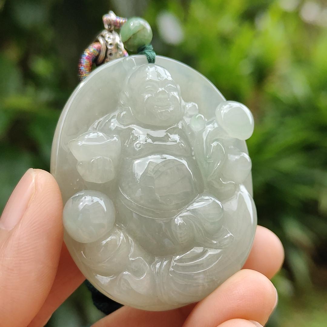 High Quality Natural Type A Jadeite Jade crafted as Ruyi Milo Buddha as Pendant, certificate weighs 47.74 grams, measurement 50.2 * 40.5 * 12.9 mm (pendant254)