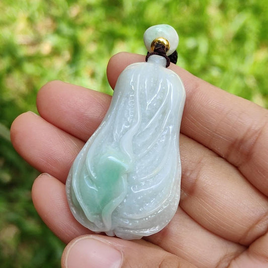 Crafted as Chinese cabbage with patches of light green Natural Type A Jadeite Pendant Necklace with GIC approved labs certificate weigh 31.92 grams, 46.8 * 27.3 * 18 mm, symbols of Boosts wealth, purity, and good weather, suitable for daily wear