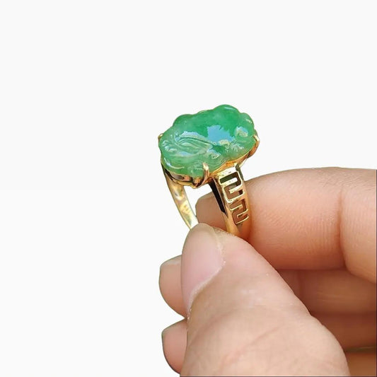 18k Gold Green Translucent fine grain Pixiu Natural Type A Jadeite Ring with NGI Gemstones report weighs 3.18 grams , 15.10 * 9.88 * 4.91 mm with gold tested by X-ray Fluorescence method (Ring internal diameter finger size = 17.5 mm) (18kring10)