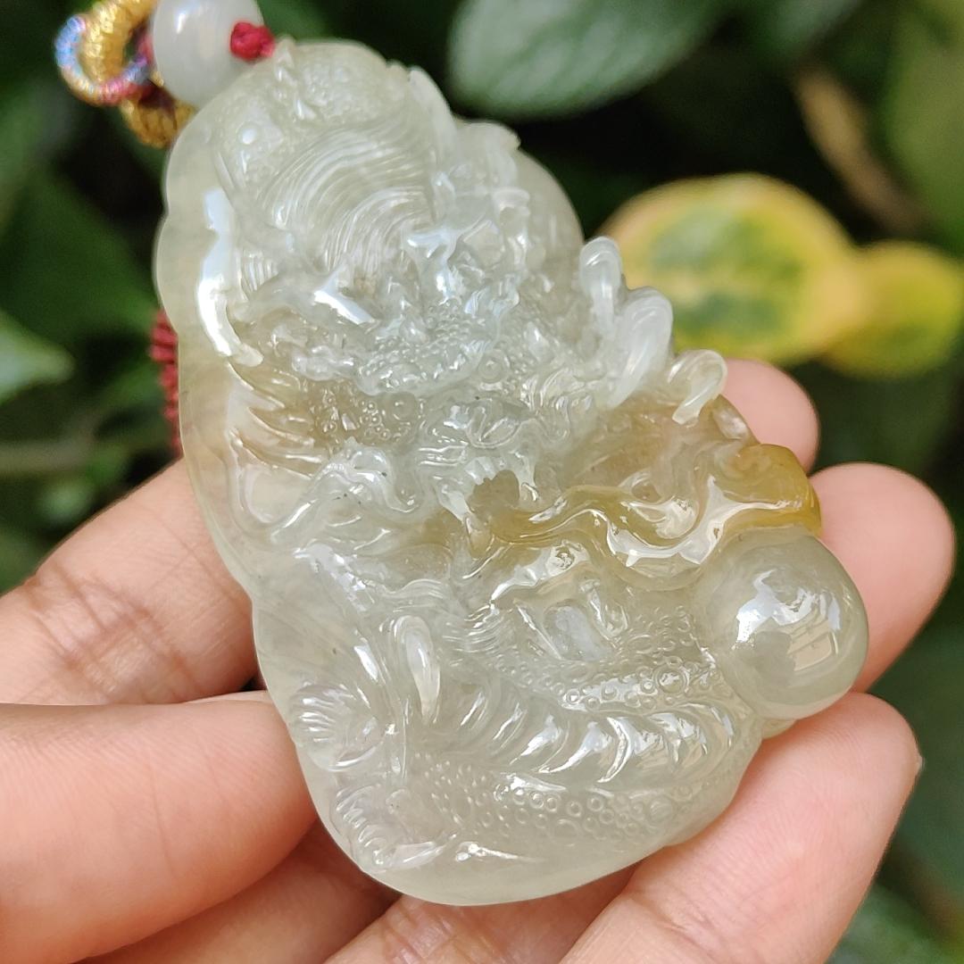 Premium Quality Yellow Natural Type A Jadeite Jade crafted with Dragon as Pendant, certificate weighs 53.72 grams, measurement 67.3 * 37.5 * 12.9 mm (pendant240)