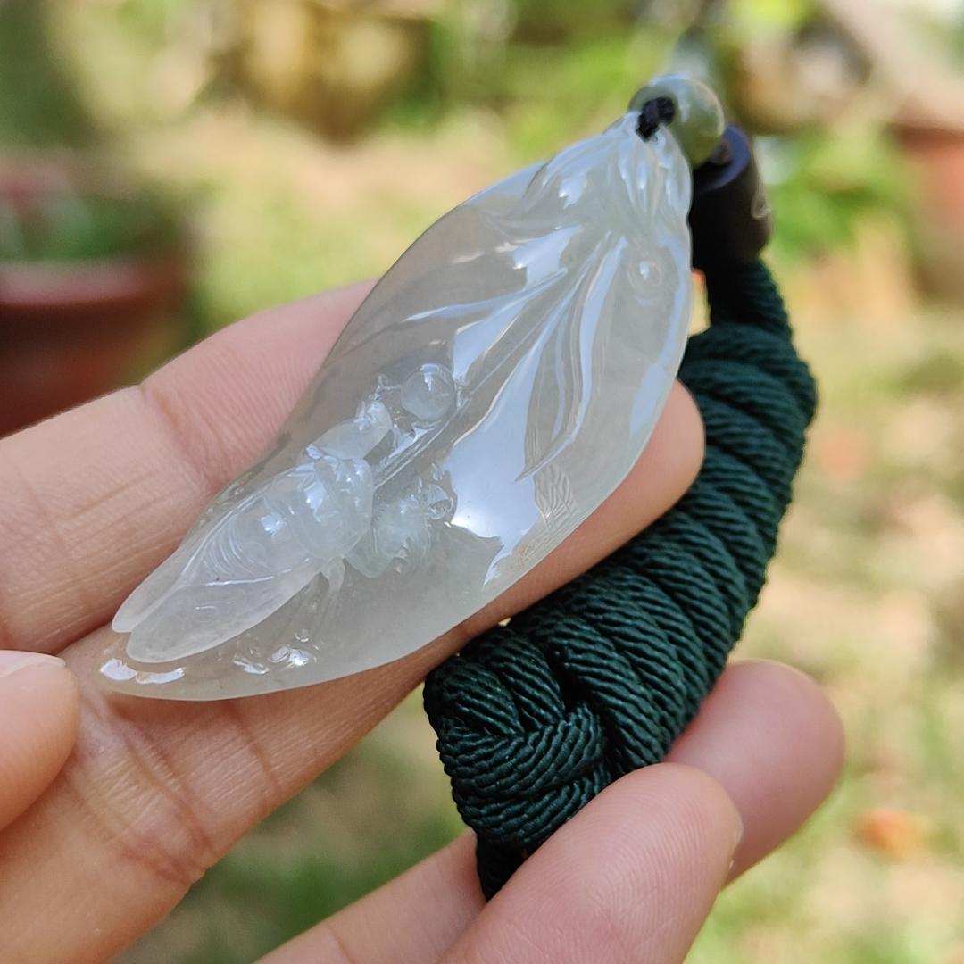 Icy Translucent with Yellow Patches Natural Type A Jadeite Jade crafted with leaf and Cicada as a Pendant, certificate weigh 13.68 grams, measurement 52 * 21.7 * 11.8 mm (pendant224)