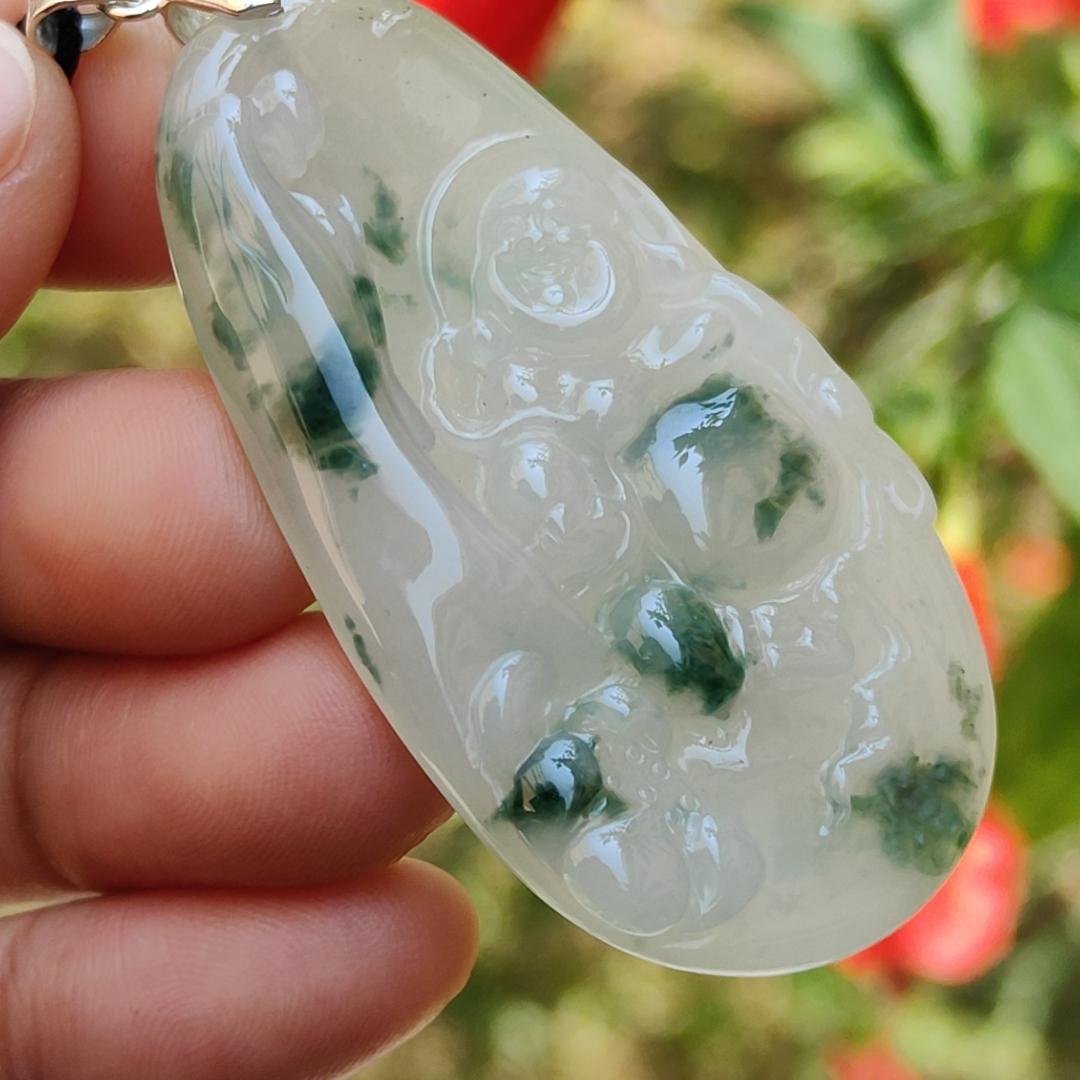 Special Sales - Rare Green Patches White with Yellow Hue Natural Type A Jadeite Jade crafter with Milo Buddha as Pendant, certificate weigh 17.2 grams, measurement 54.2 * 30.5 * 5.9 mm (pendant214)