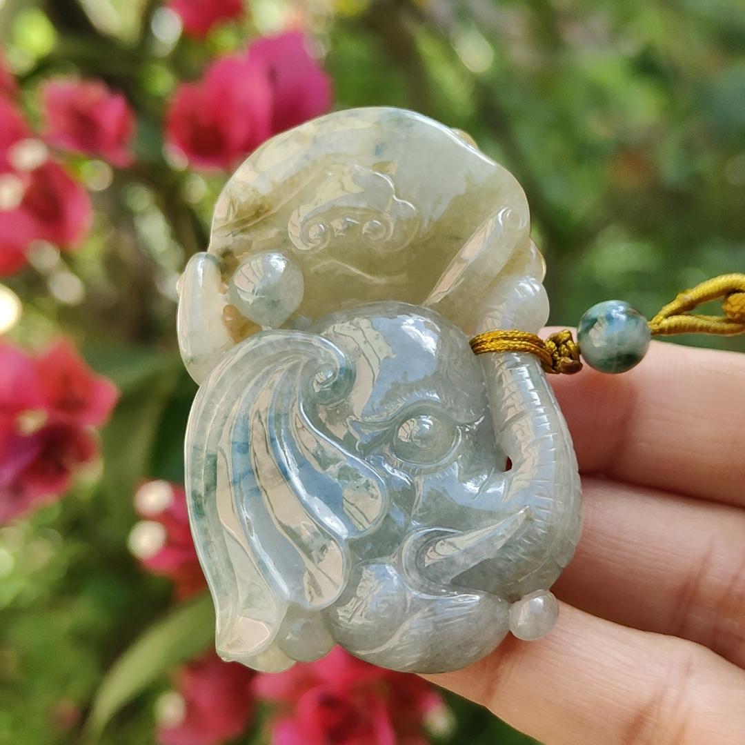 Light green and Yellow Natural Type A Jadeite Pendant, a rare collection carved with Monkey, Elephant and Ruyi, symbols of Wisdom, strength, authority, good luck and protection, certificate included weigh 47.85 grams, 55.7 * 36 * 13.8 mm (pendant74)