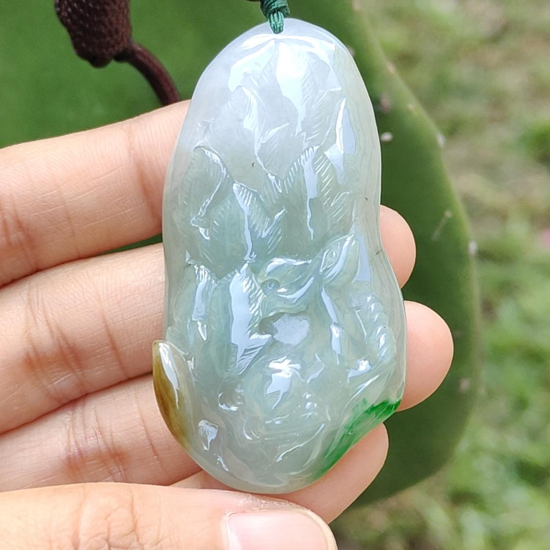 Green, Bluish Green, Brown Natural Type A Jadeite Pendant Necklace crafted as Nine Tails Fox symbols, Increase the relationship with the opposite sex and enhance personal charm plus good luck, certificate weigh 30 grams, 57 * 29.3 * 9.3 mm (pendant50)