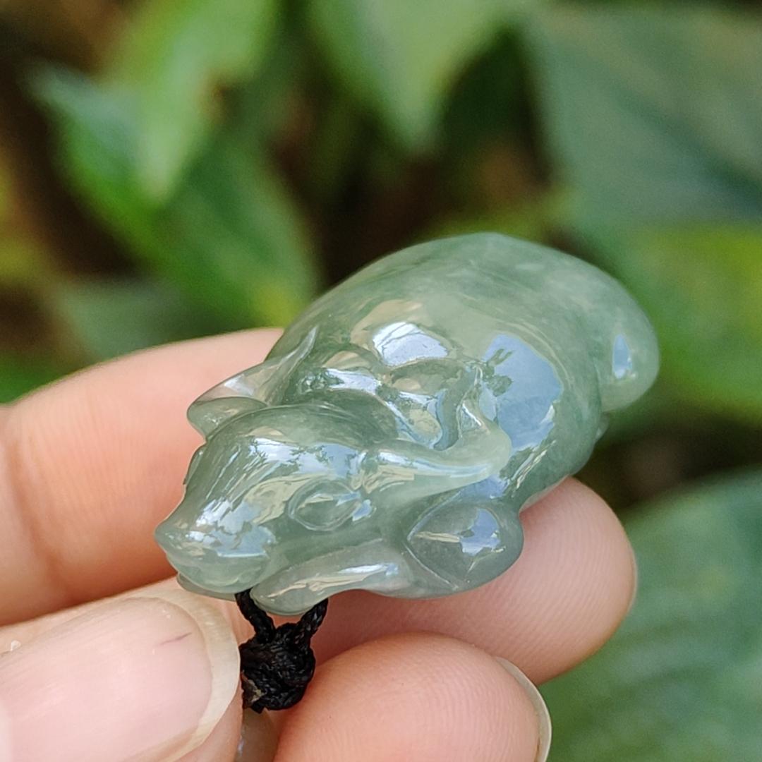 Oil Green Natural Type A Jadeite Pendant carved as water buffalo representing Hardworking and Simple, Unstoppable, Strong and Healthy and Turn the Tide, certificate include weighs 14.56 grams, 34.6 * 23.6 * 11.5 mm, suitable for daily wear (pendant80)