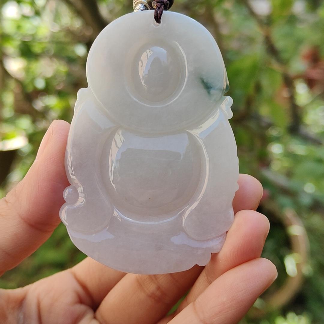 Premium Quality Lavender and Green Natural Type A Jadeite Pendant Necklace crafted with Big Fortune God Holding Ruyi with certificate weigh 77.38 grams, 70 * 47 * 11.8 mm (pendant35)