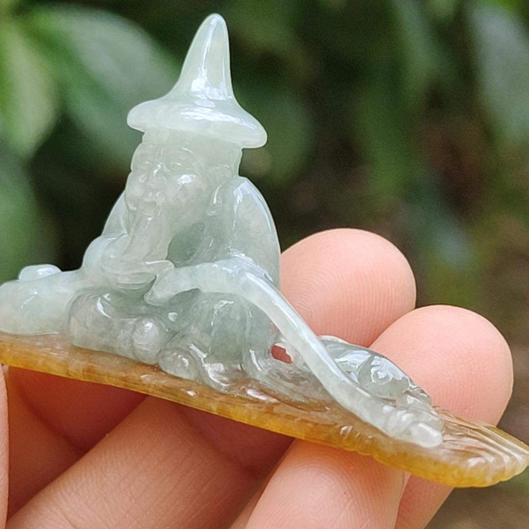 Light Green with Yellow Natural Type A Jadeite Jade crafted with Old Men Fishing as Display, certificate weighs 17.06 grams, measurement 65.2 * 32.8 * 12 (display1)