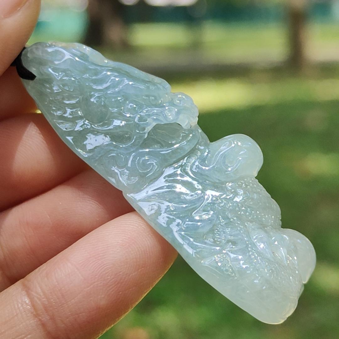 High Quality Beautifully crafted as Dragon with Semi Icy Translucent Natural Type A Jadeite Jade as Pendant, certificate weighs 22.18 grams, measurement 54.6 * 21.5 * 15.7 mm (pendant270)