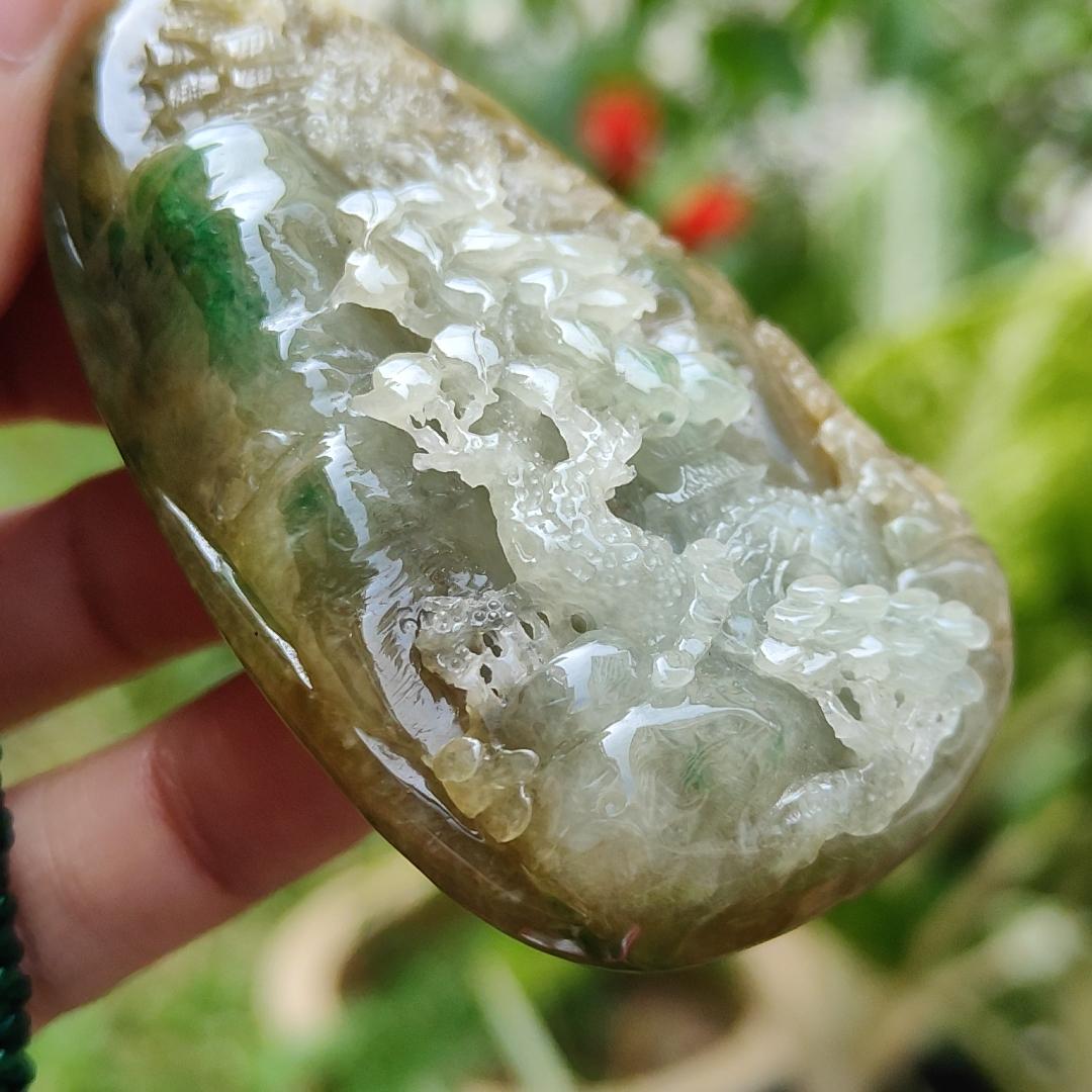 Hugh, Rare, High-Quality Brown with Light Green Natural Type A Jadeite Jade crafted with Sceneries as Pendant, certificate weighs 67.2 * 43.3 * 19.3 mm (pendant266)