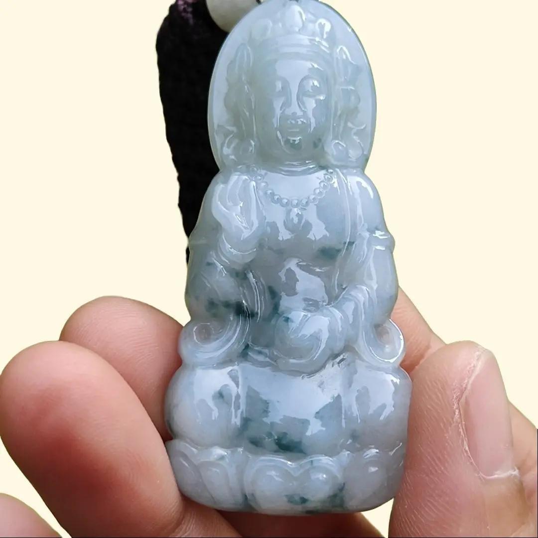 High Quality Light Green Floating Flower Natural Type A Jadeite Jade Crafted as Bodhisattva as Pendant, certificate weighs 19.12 grams, measurement 58.2 * 27 * 7.3 mm (pendant276)