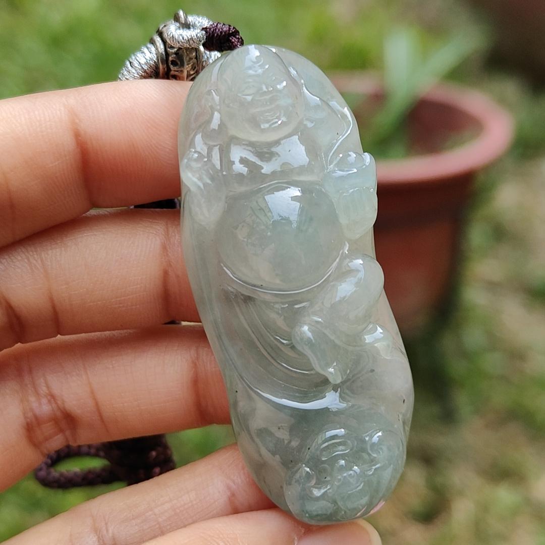 Premium Rare Semi Icy Natural Type A Jadeite Jade crafted with Milo Buddha as Pendant Necklace with certificate weigh 30.56 grams, measurement 56 * 23 * 12.8 (pendant207)