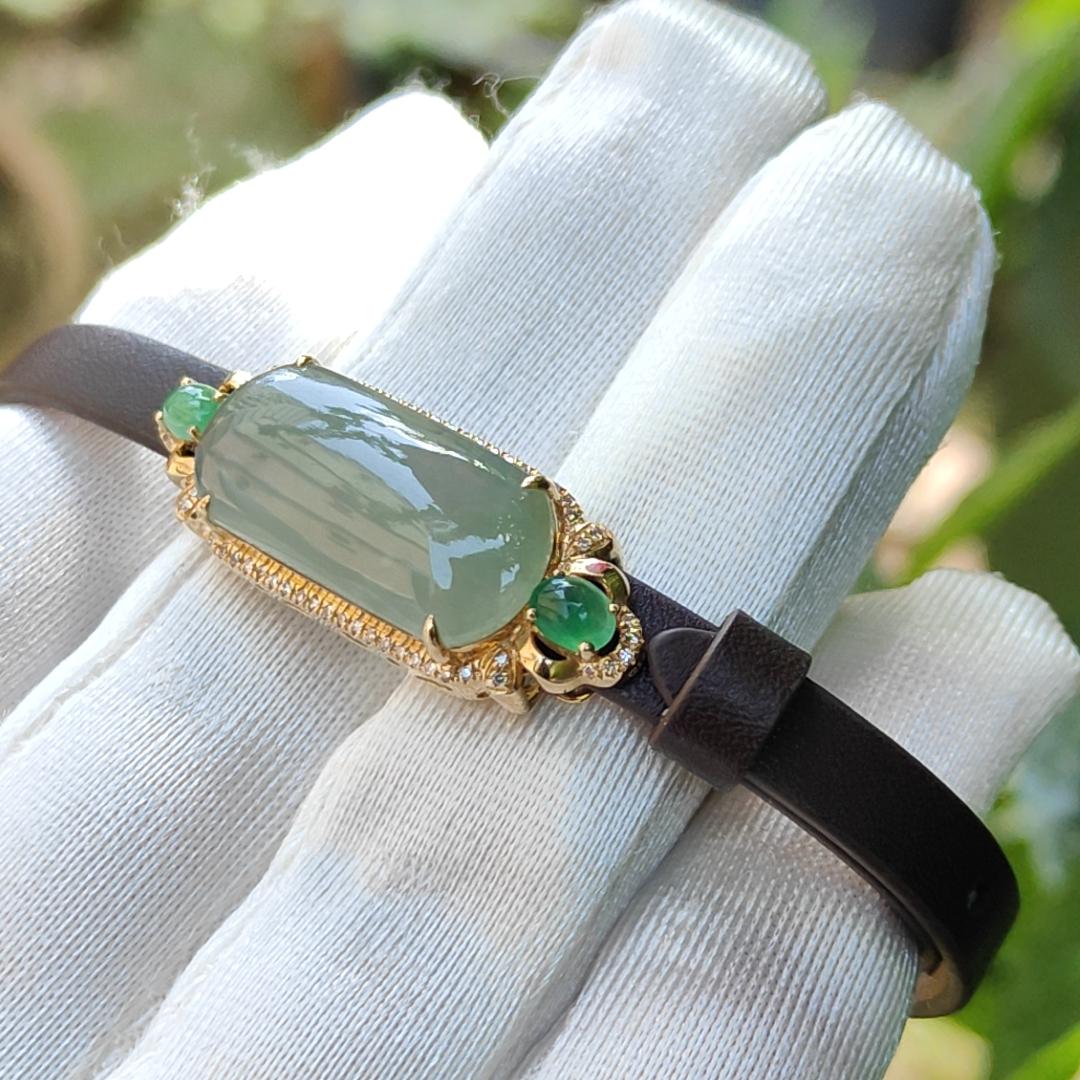 High Premium Quality Natural Type A Jadeite Jade with 3 cabochons set on 18k gold with diamonds as wrist bracelet or pendant, certificate weigh 4.39 grams (18kpw4)