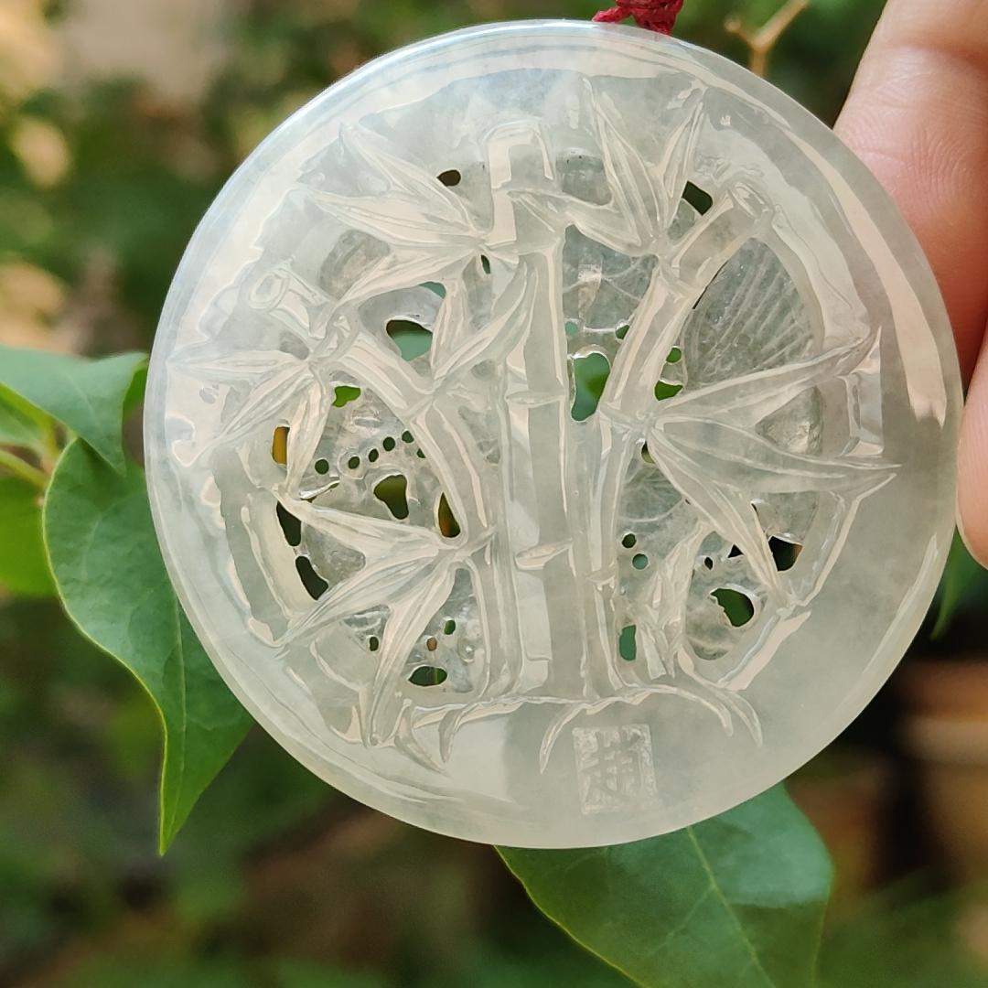 Highly Translucent Icy Natural Type A Jadeite Pendant Carved with Cranes, Pine Trees and Bamboo meaning Endurance, Perseverance and Never fading with Longevity, certificate included weighs 28.38 grams, 52.5 * 52.5 * 6.1 mm, for collection (pendant90)