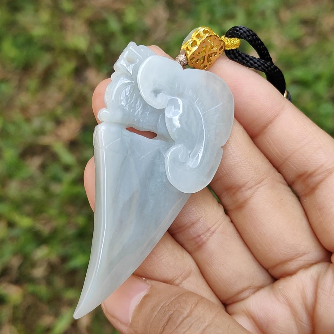 Bluish Light Lavender Natural Type A Jadeite Pendant crafted as Dragon Teeth with Pixiu and Ruyi, the symbols of Wealth and good luck, certificate weighs 27.63 grams, 67.3 * 33.2 * 7.8 mm, very suitable for daily wear (pendant58)