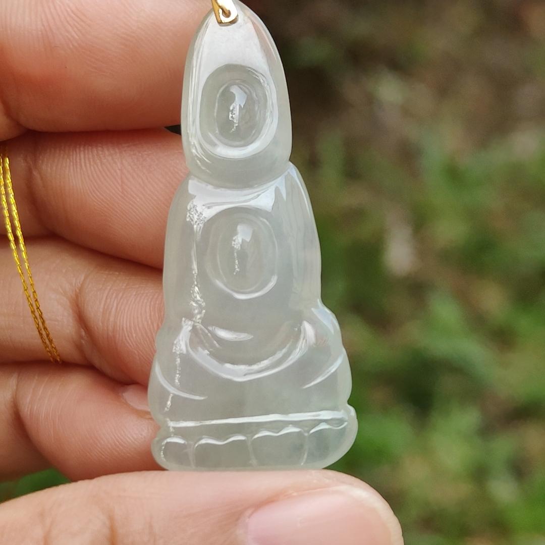 Icy Translucent Natural Type A Jadeite Jade crafted as Buddha with 18k gold clasp as Pendant, certificate weighs 6.78 grams, measurement 41.3 * 17.8 * 6.2 mm (18kp44)