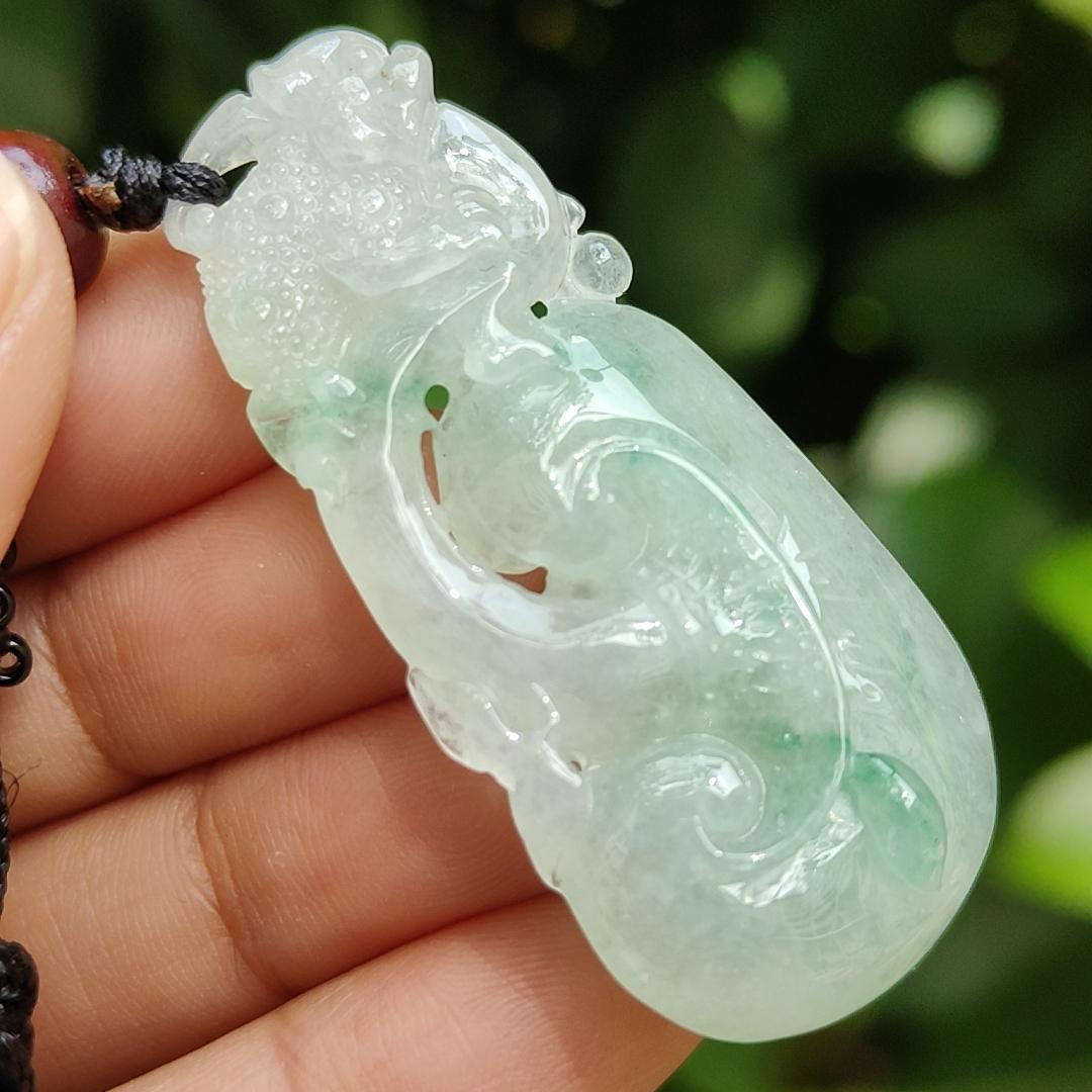 High Quality Light Green Hue Natural Type A Jadeite Jade crafted with shape of Ruyi and Three Legs Toad as Pendant, certificate weighs 13.02 grams, measurement 47.8 * 22.8 * 9 mm (pendant291)