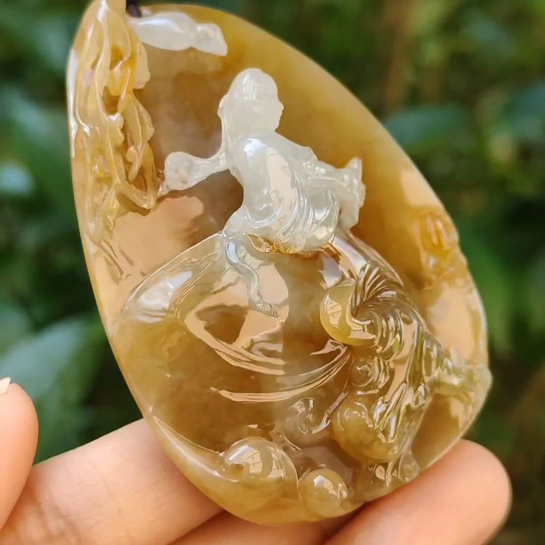 Rare Brown and White Natural Type A Jadeite Pendant carved with Laozi riding the cow with Yin and Yang, certificate included we ighs 68.76 grams, 69.10 * 48.70 * 17.20 mm, the collector's edition or daily wear (pendant94)