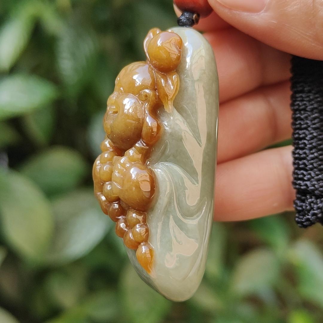 Very Rare Good Quality Reddish Yellow and Light Green Natural Type A Jadeite Jade crafted with Milo Buddha as Pendant with certificate weigh 37.43 grams, measurement 50 * 18.5 * 20.3 mm (pendant235)