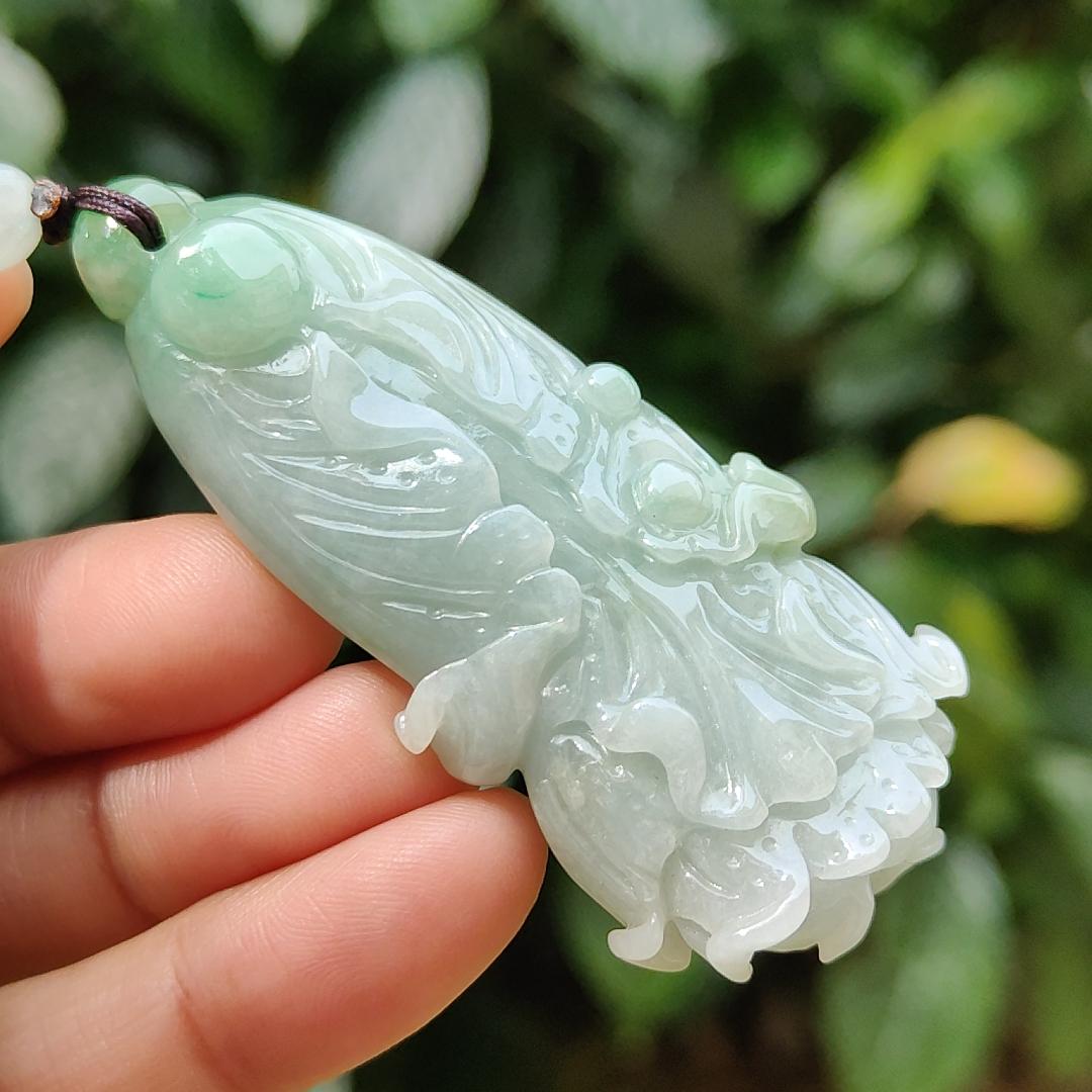 Good Quality Light Green Natural Type A Jadeite Jade crafted as Cabbage symbols of Lucks with Money as Pendant, certificate weighs 36.65 grams, measurement 62.5 * 28.6 * 13.1 mm (pendant267)