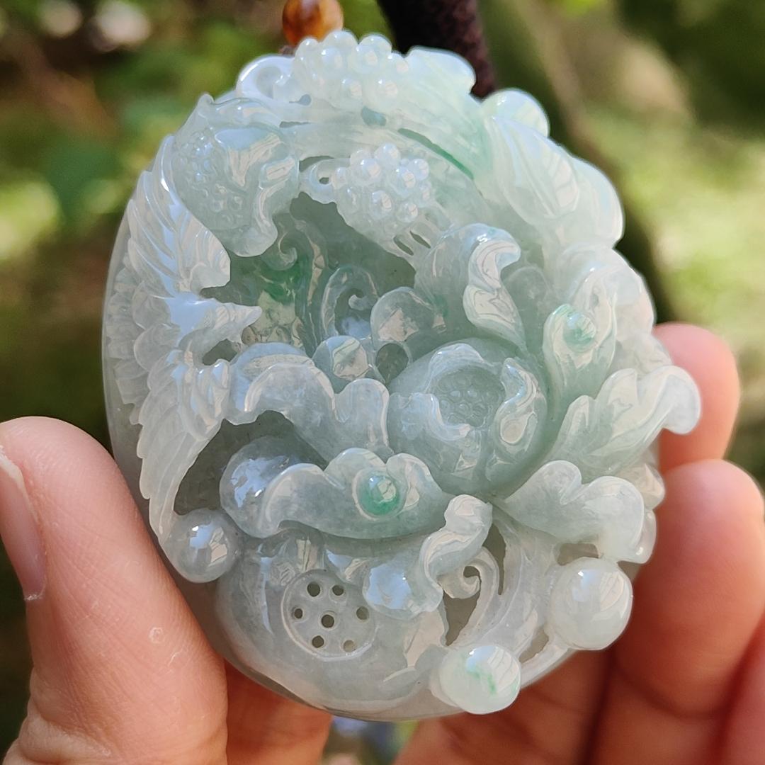 Green with Bluish Green Hue Natural Type A Jadeite Pendant Necklace crafted with Bird and flowers, symbols of Auspiciousness, blessing, Nature and vitality, certificate included weigh 69.39 grams, 55.2 * 45.8 * 15.8 mm, suitable for collection (pendant49)