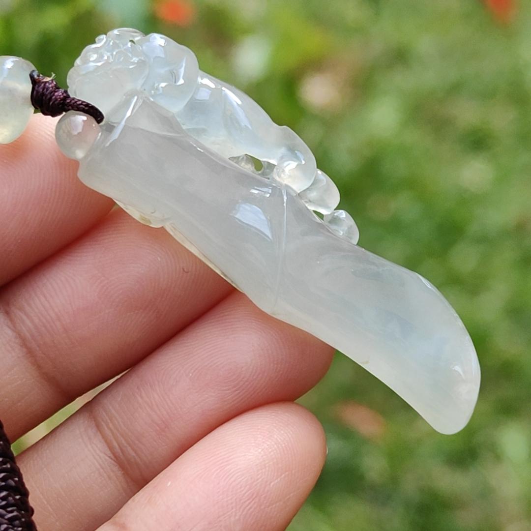 Premium Semi Icy with Light Green Hue Natural Type A Jadeite Jade crafted with Pixiu as a Pendant, certificate included weigh 12.61 grams, measurement 492. * 17.1 * 8.7 mm (pendant202)