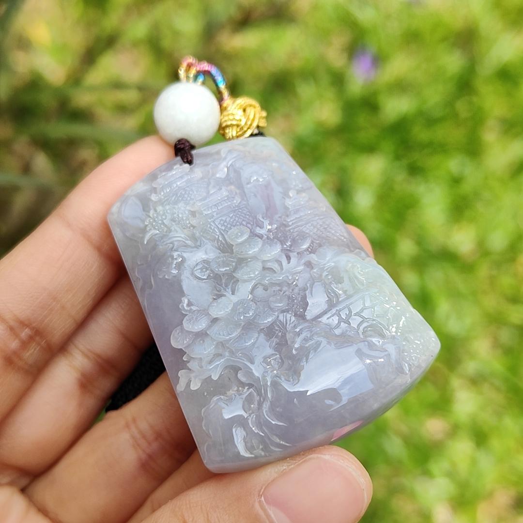 Lavender with green patches Crafted with People, Moutains, Trees, bridge, water, good for boosting personal fengshui Natural Type A Jadeite Pendant Necklace with certificate weigh 42.92 grams, 51.5 * 36.2 * 11.5 mm