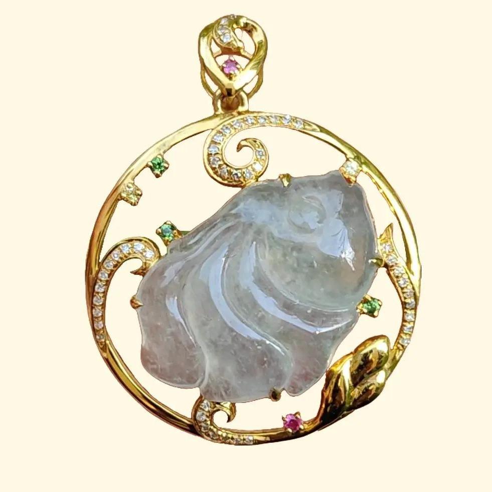 Premium Quality Icy Translucent Natural Type A Jadeite Jade crafted as fish set on 18k gold as Pendant, certificate weighs 5.5 grams, measurement 35.7 * 28.2 * 9mm (18kp53)