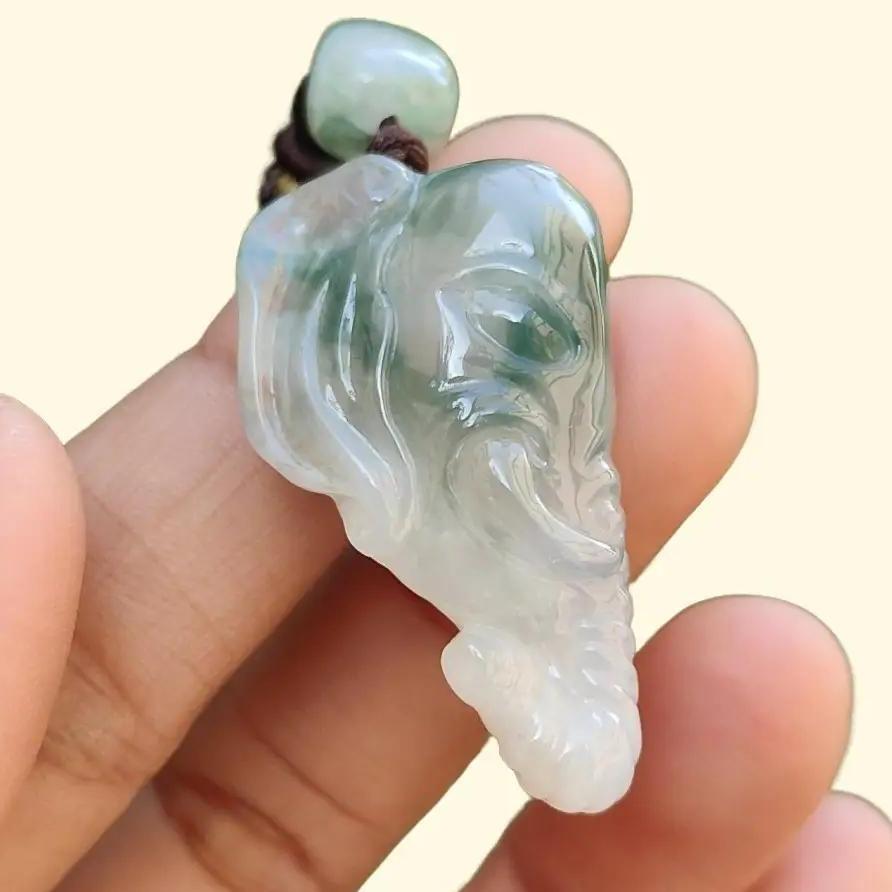 Very Rare Semi Icy Light Green Patches Natural Type A Jadeite Jade crafted with Elephant as Pendant, certificate weighs 8.63 grams, measurement 33 * 19.1 * 8.8 mm (pendant244)